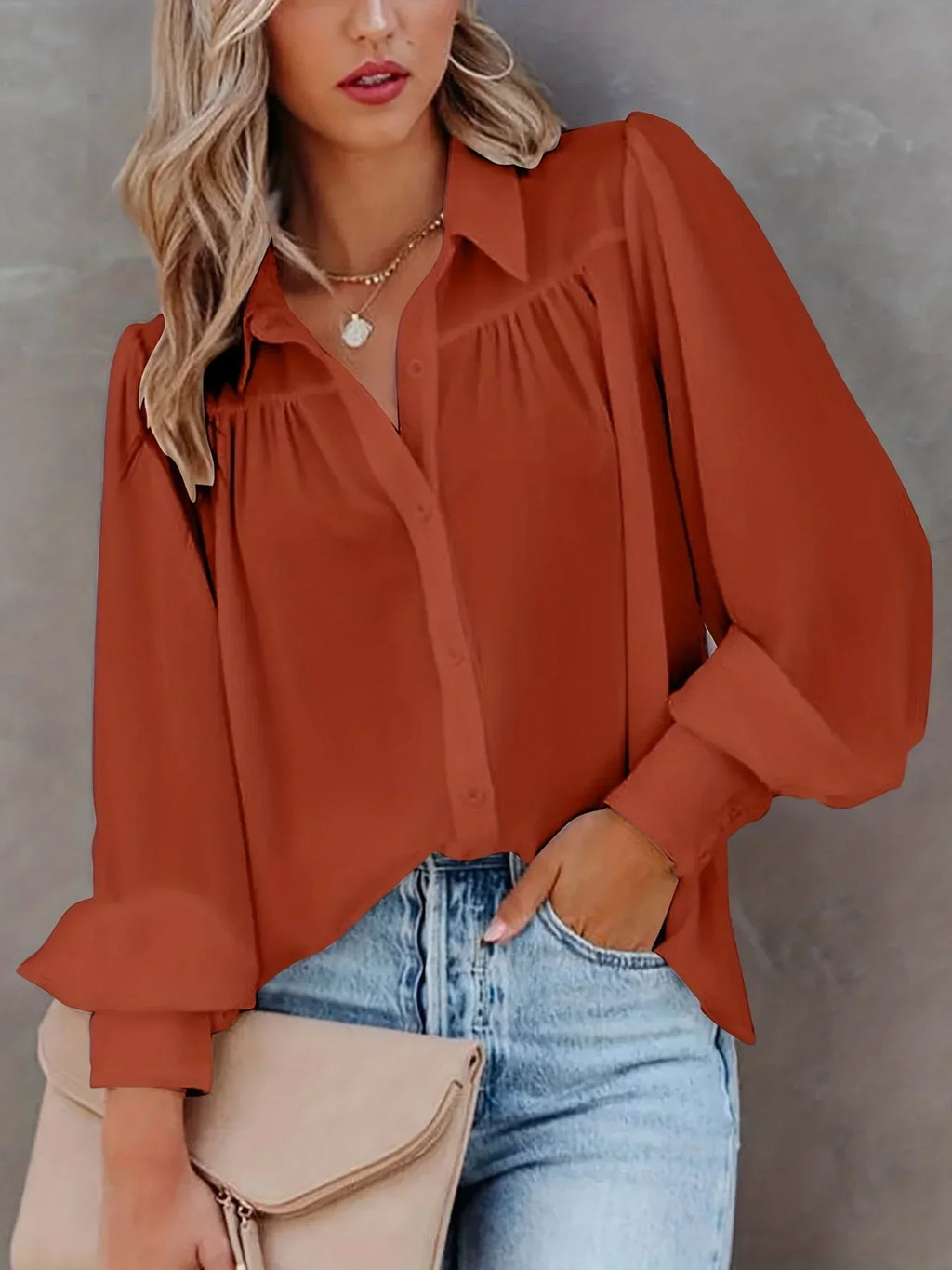 Plus-Size Lantern-Sleeve Long-Sleeve Blouse