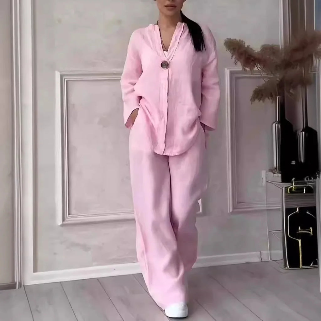 Cotton-Linen Shirt & Wide-Leg Pants Set