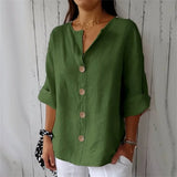 Cotton-Linen Button-Up V-Neck Blouse