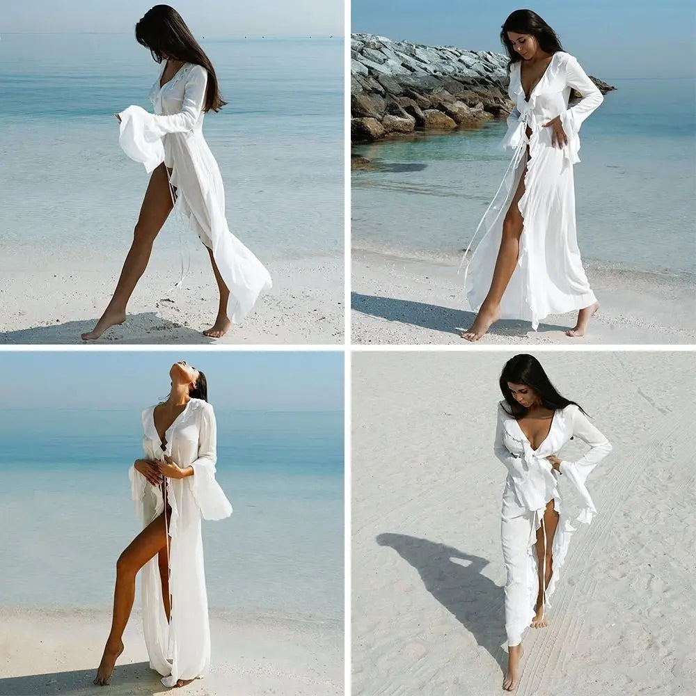 Ruffle-Sleeve V-Neck Beach Dress