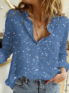 Cotton-Linen Button-Up Long-Sleeve Blouse