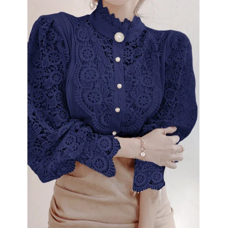 Lace High-Neck Long-Sleeve Blouse