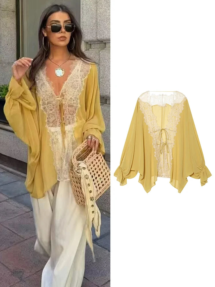 Sheer Lace Tie-Front Blouse