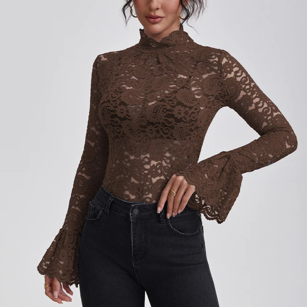 Sienna Lace High-Neck Long-Sleeve Blouse