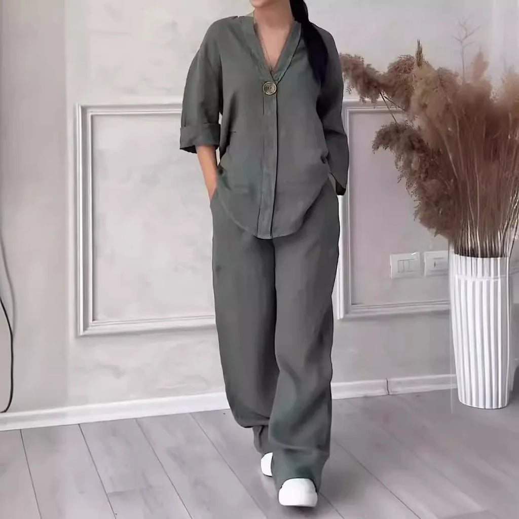 Cotton-Linen Shirt & Wide-Leg Pants Set