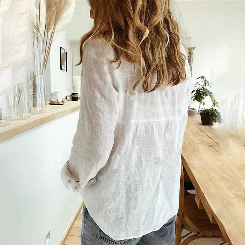 Cotton-Linen Button-Up Long-Sleeve Blouse
