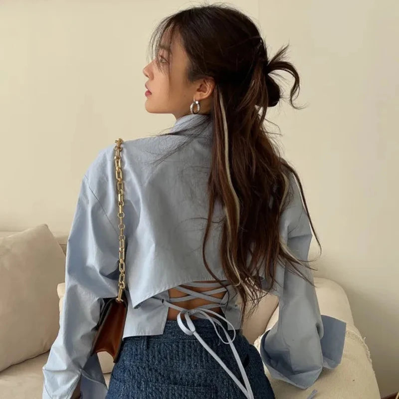 Long-Sleeve Backless Slim-Fit Blouse