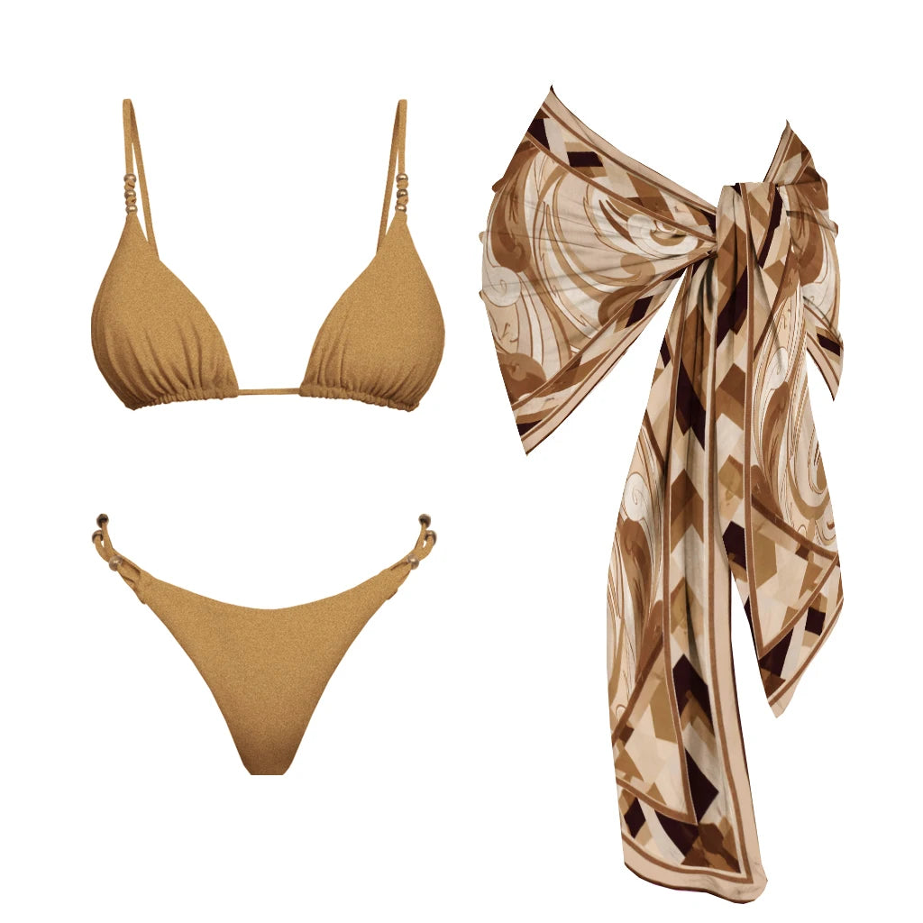 Strappy Three-Piece Bandeau Bikini Set