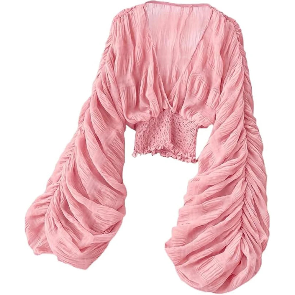 Chiffon Draped V-Neck Cropped Blouse