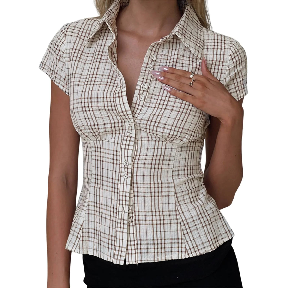 Button-Up Short-Sleeve Cropped Blouse