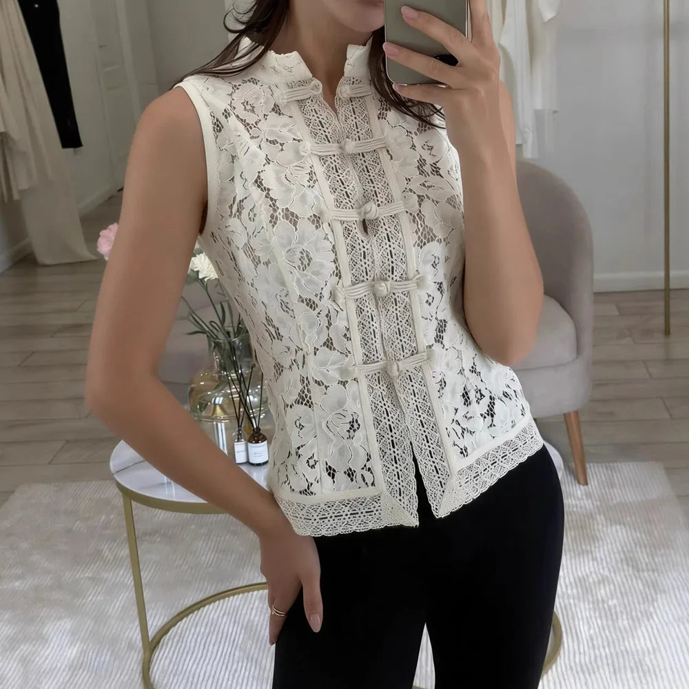 Embroidered Lace Puff-Sleeve Blouse