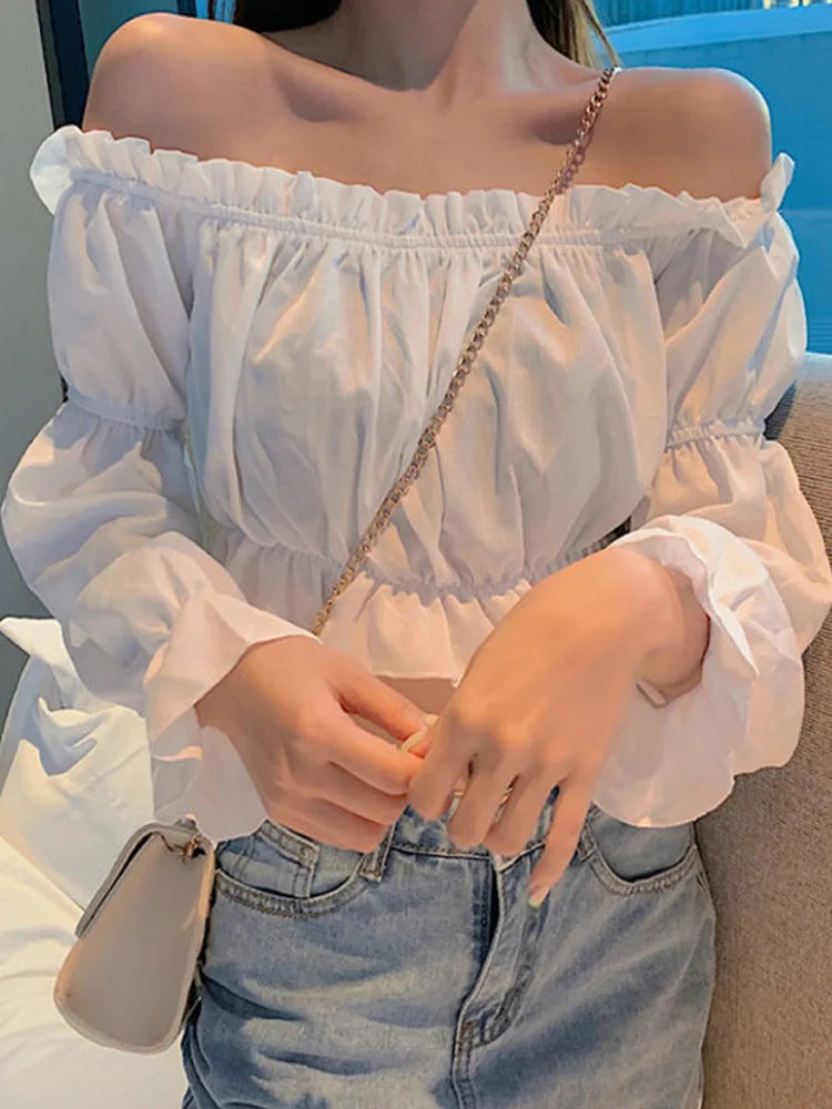 Ruffle Off-Shoulder Puff-Sleeve Crop Top