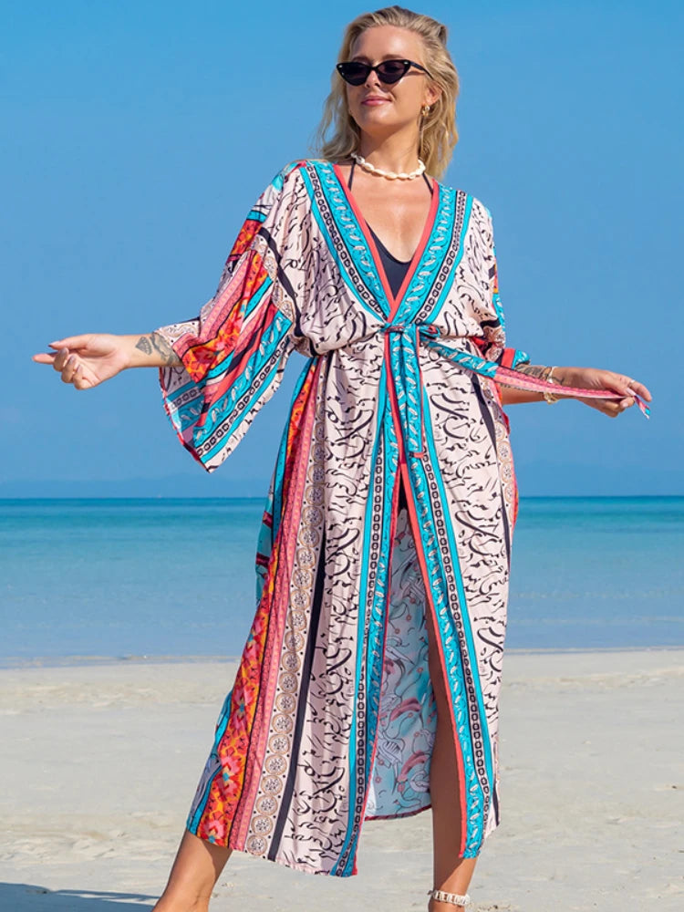 Printed Belted Kimono Cover-Up