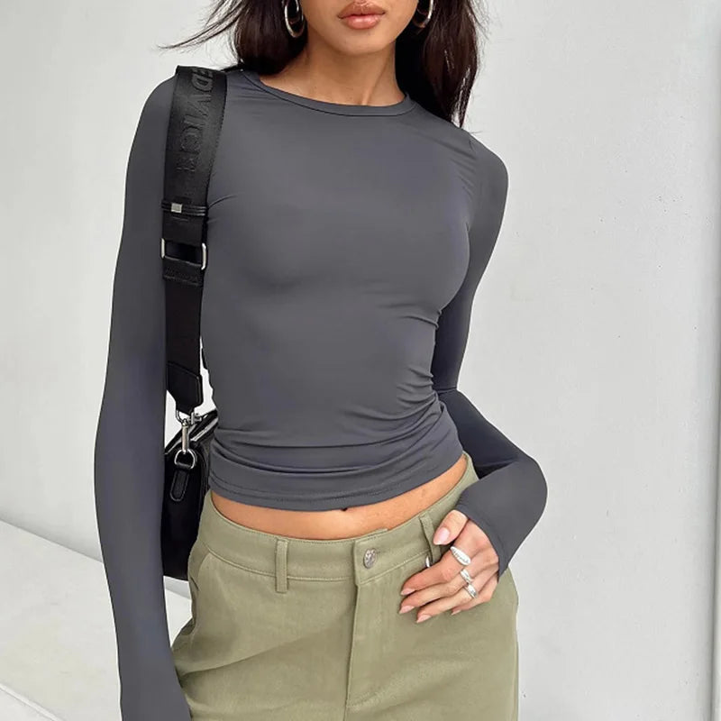 Long-Sleeve Bodycon Slim-Fit Crop T-Shirt