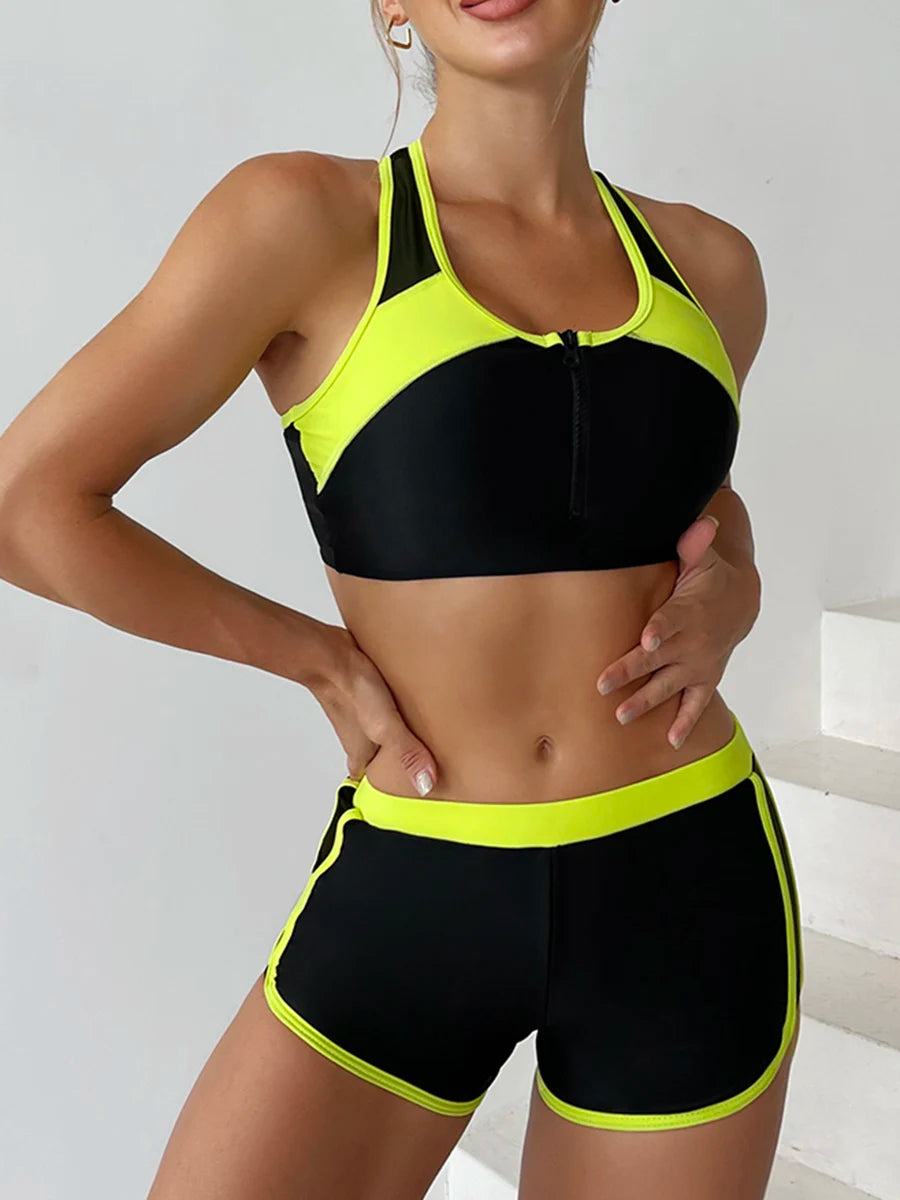 Zip-Front Sport Bikini with Shorts