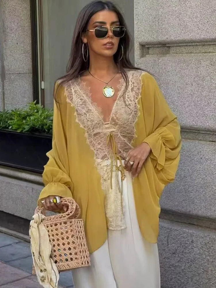 Sheer Lace Tie-Front Blouse