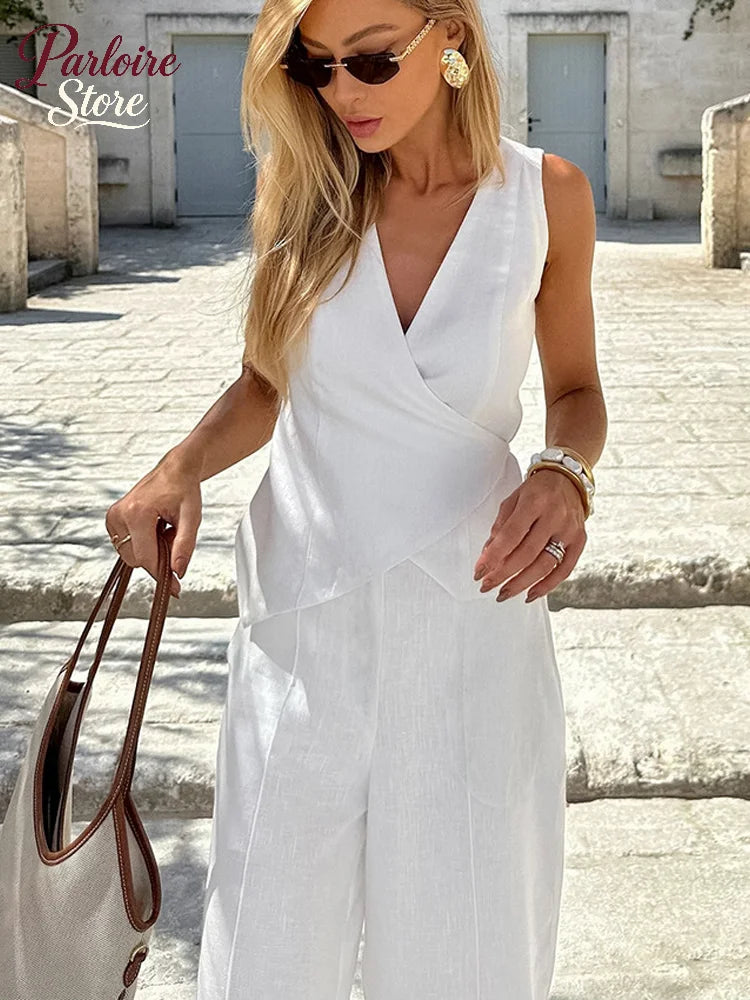 Linen Wrap Top & Wide-Leg Pants Set