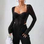 Embroidered Lace Mesh Cropped Blouse