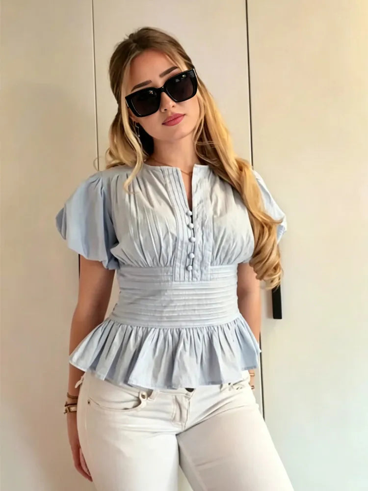 Chiffon Ruffle Puff-Sleeve Blouse