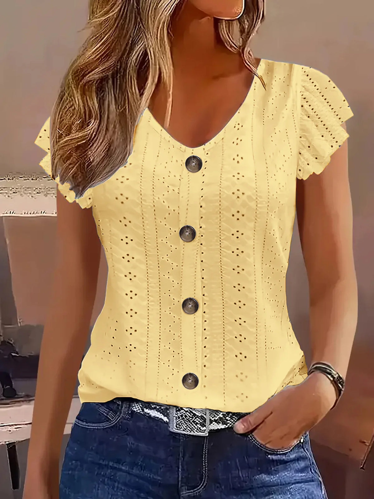 Ruffle V-Neck T-Shirt