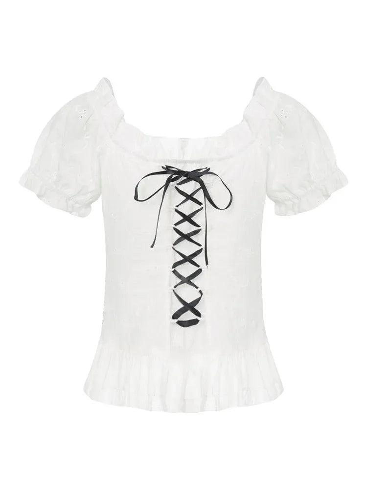 Lace Corset-Seam Button-Up T-Shirt