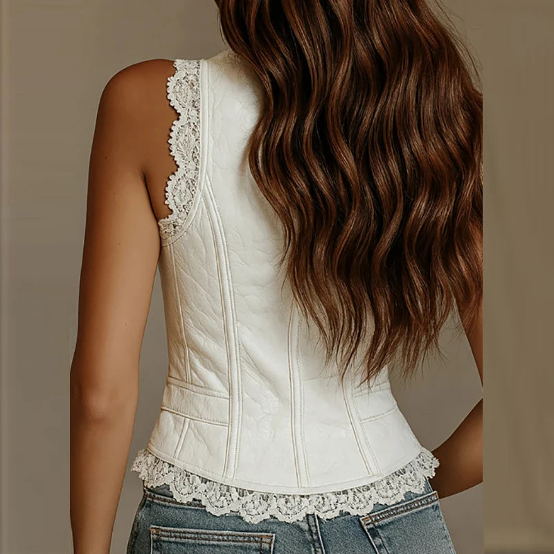 Lace Button-Up Sleeveless Tank Top