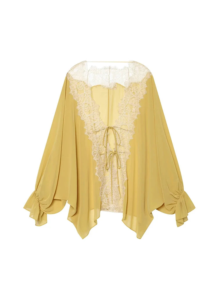 Sheer Lace Tie-Front Blouse