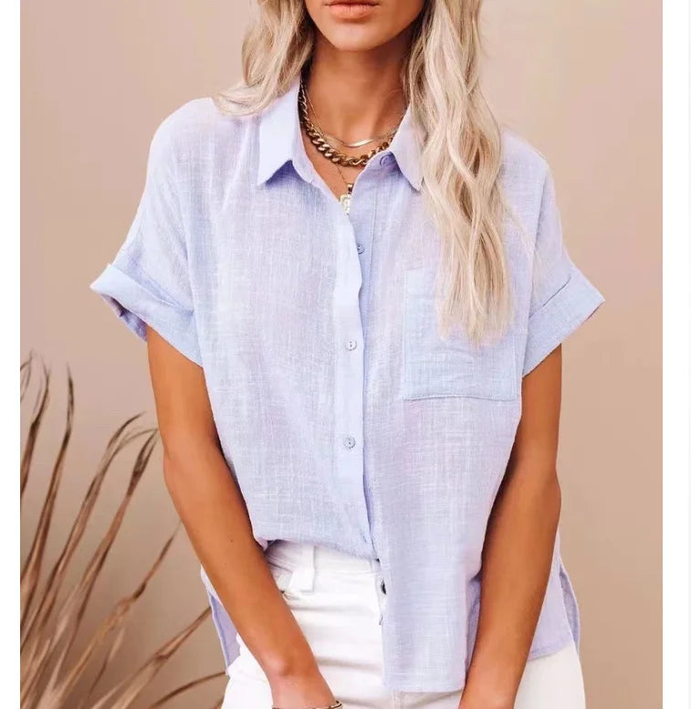 Cotton-Linen Button-Up Short-Sleeve Blouse