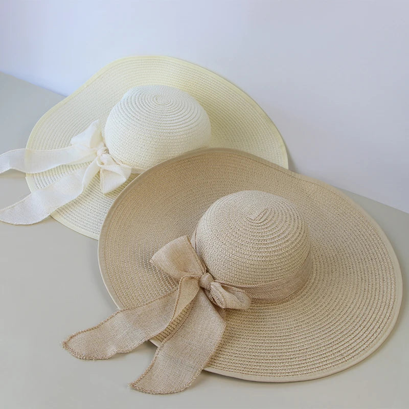 Bow-Trim Floppy Straw Sun Hat