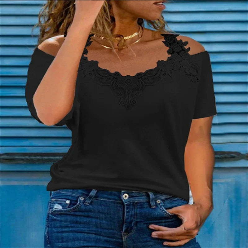 Lace Off-Shoulder V-Neck T-Shirt