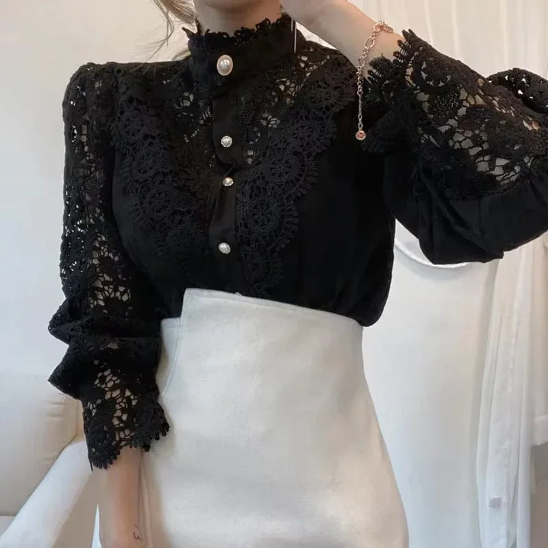 Lace High-Neck Long-Sleeve Blouse