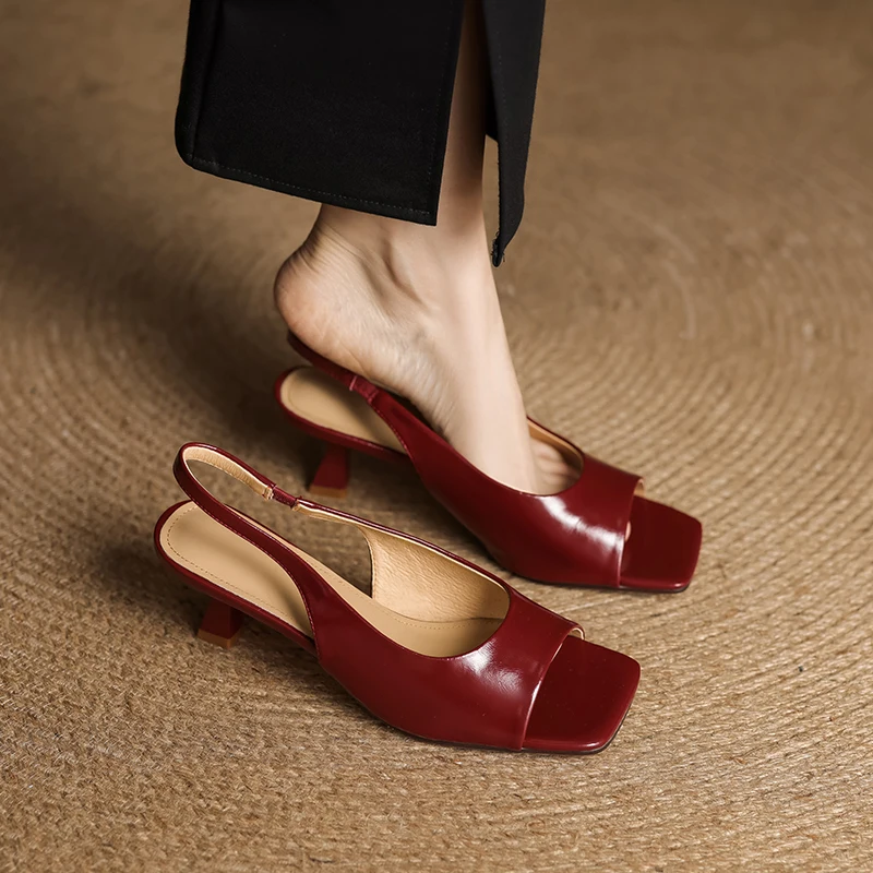 Leather Square-Toe Slingback Heels