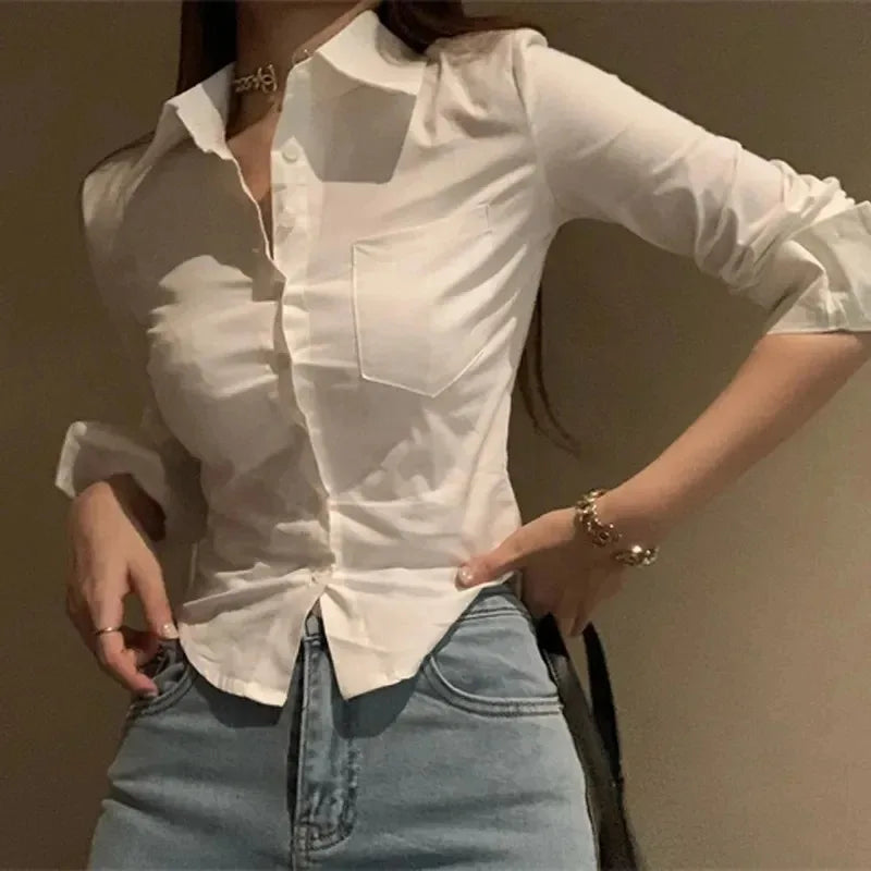 Chiffon Button-Up Long-Sleeve Cropped Blouse
