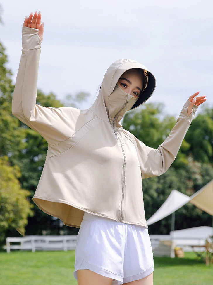 Summer Women's Sun Protective Clothing Breathable Traveling Brim Ponytail Hole Sun Hoodie Detachable Shopping Long-Sleeved Shirt