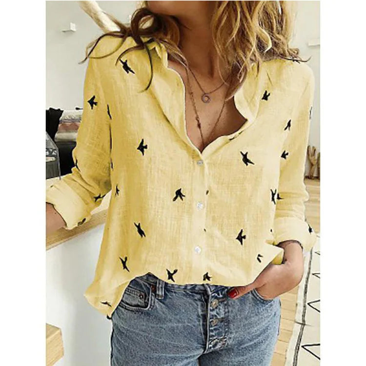 Cotton-Linen Button-Up Long-Sleeve Blouse