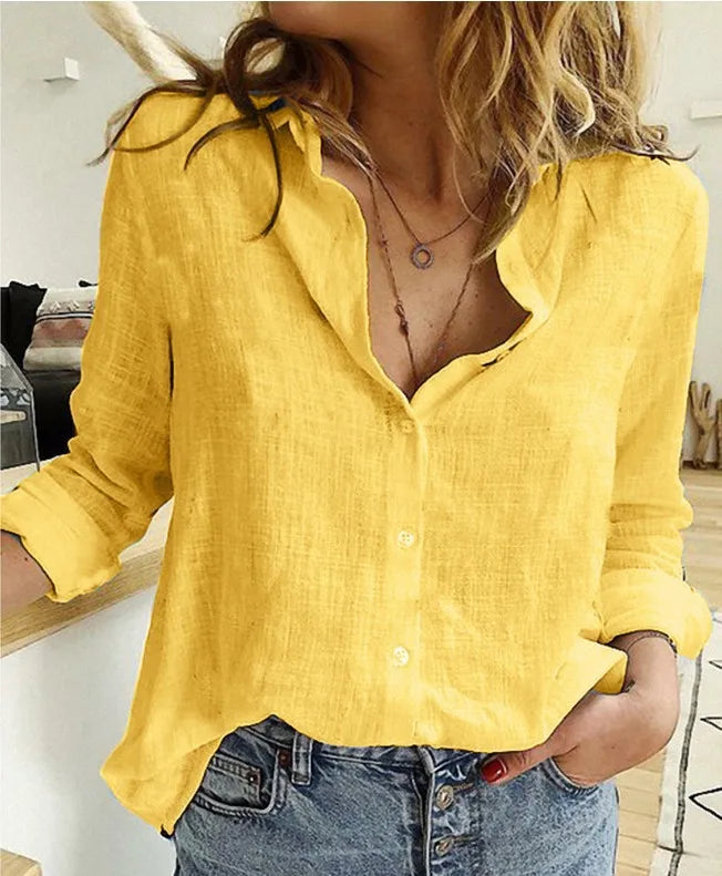 Cotton-Linen Button-Up Long-Sleeve Blouse