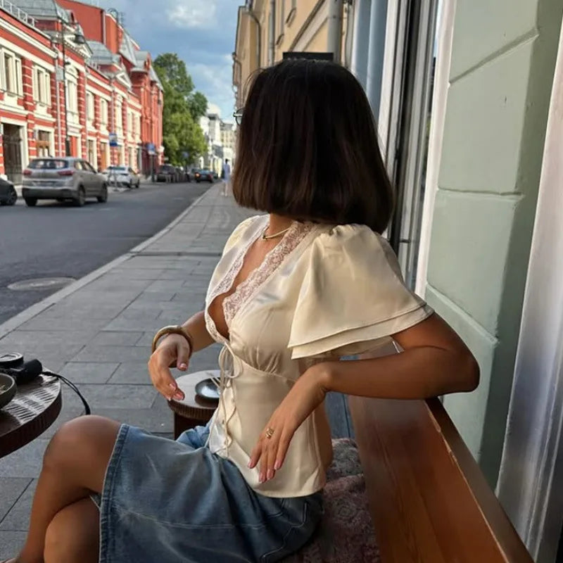 Satin Lace V-Neck Top