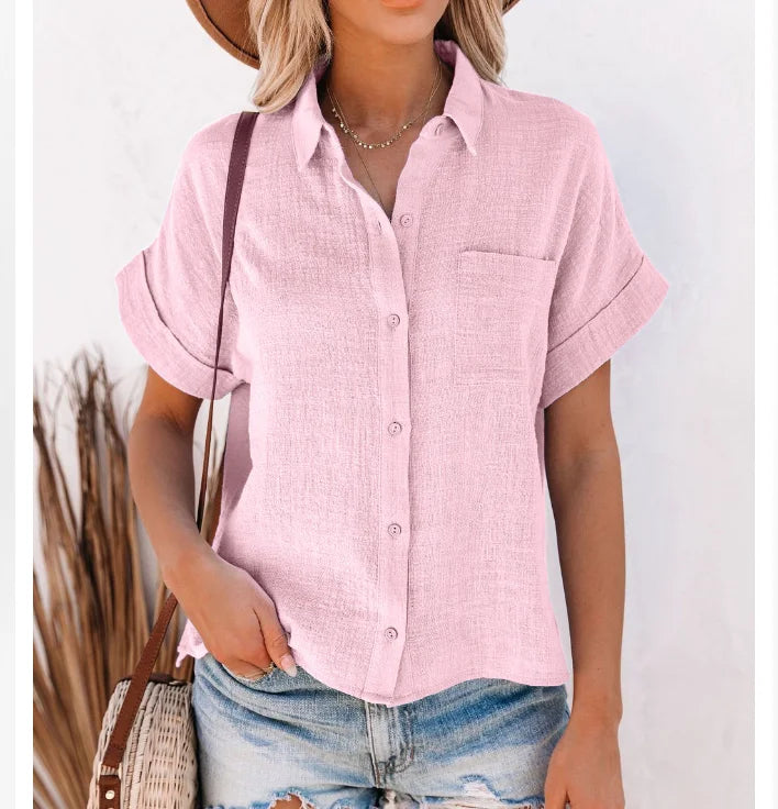 Cotton-Linen Button-Up Short-Sleeve Blouse