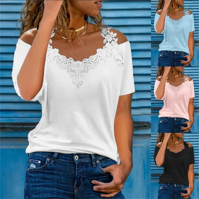 Lace Off-Shoulder V-Neck T-Shirt