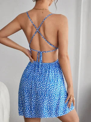 Blue Floral Ruched Mini Dress