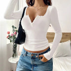 Lace-Button Long-Sleeve Top