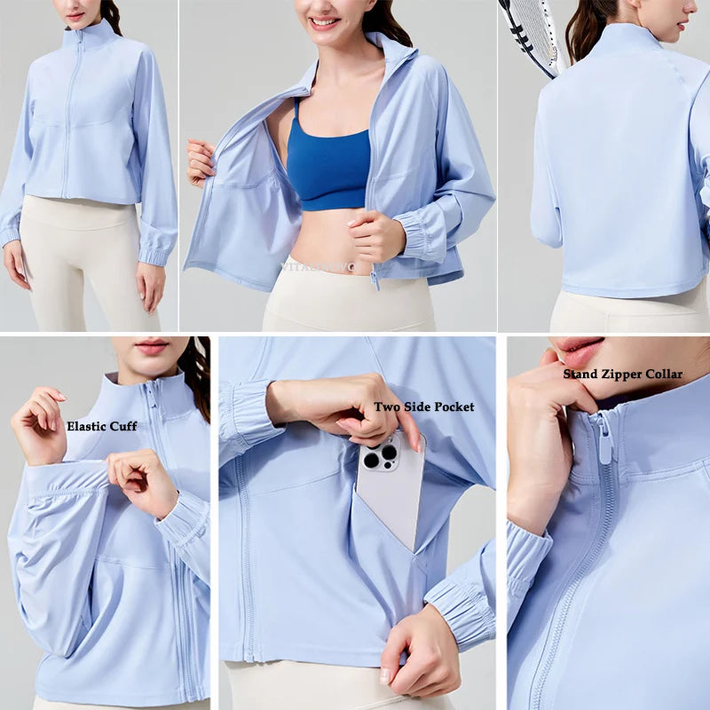 VITALINOVO Women's Athletic Workout Jacket UPF 50+ Long Sleeve Sun Protection Lightweight Shirts Zip Up Cropped Jackets Running