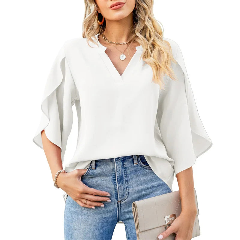 Aurelia Sun Chiffon Flare-Sleeve V-Neck Blouse – Black