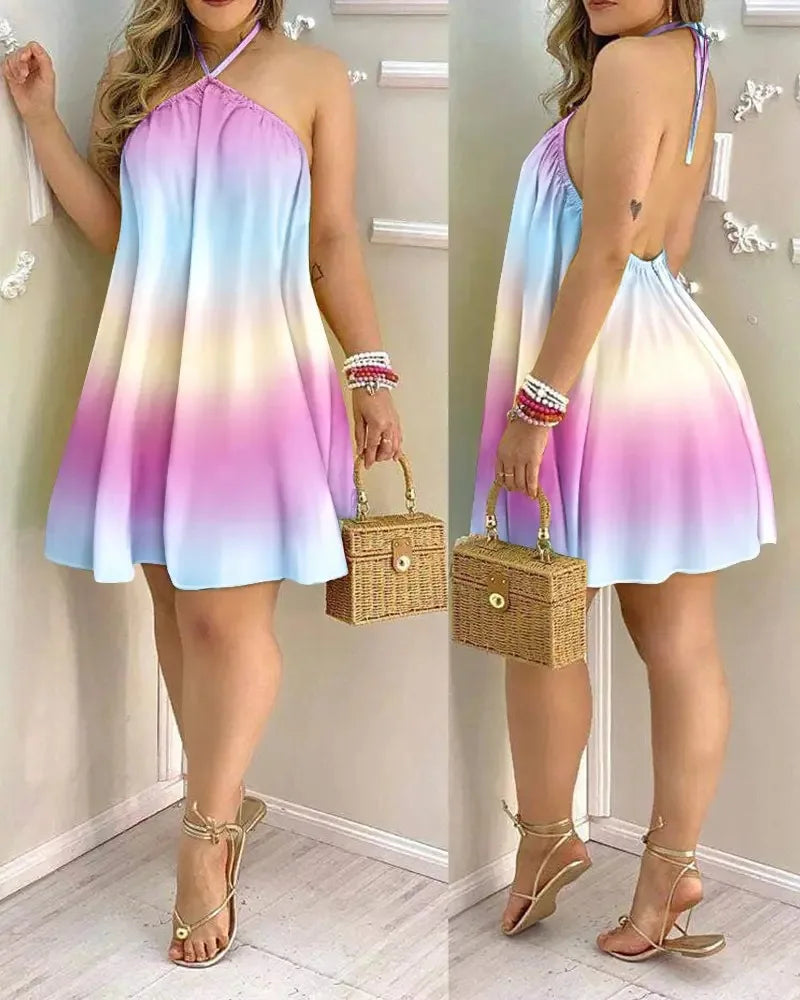 Tropical Leaf Halter Mini Dress