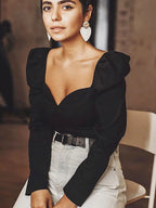 V-Neck Puff-Sleeve Slim-Fit Blouse