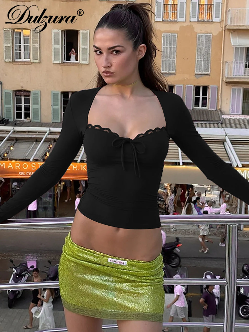 Lace-Up Square-Neck Long-Sleeve Top