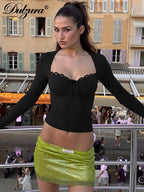 Square-Neck Lace-Up Long-Sleeve Top