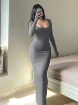 Scoop-Neck Long-Sleeve Maxi Dress