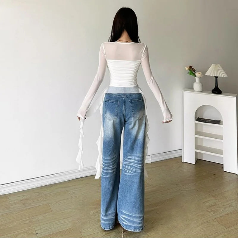 Mesh Ruffle Long-Sleeve Crop T-Shirt