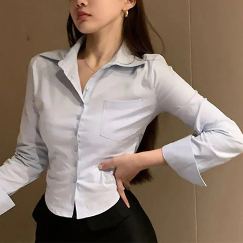 Chiffon Button-Up Long-Sleeve Cropped Blouse